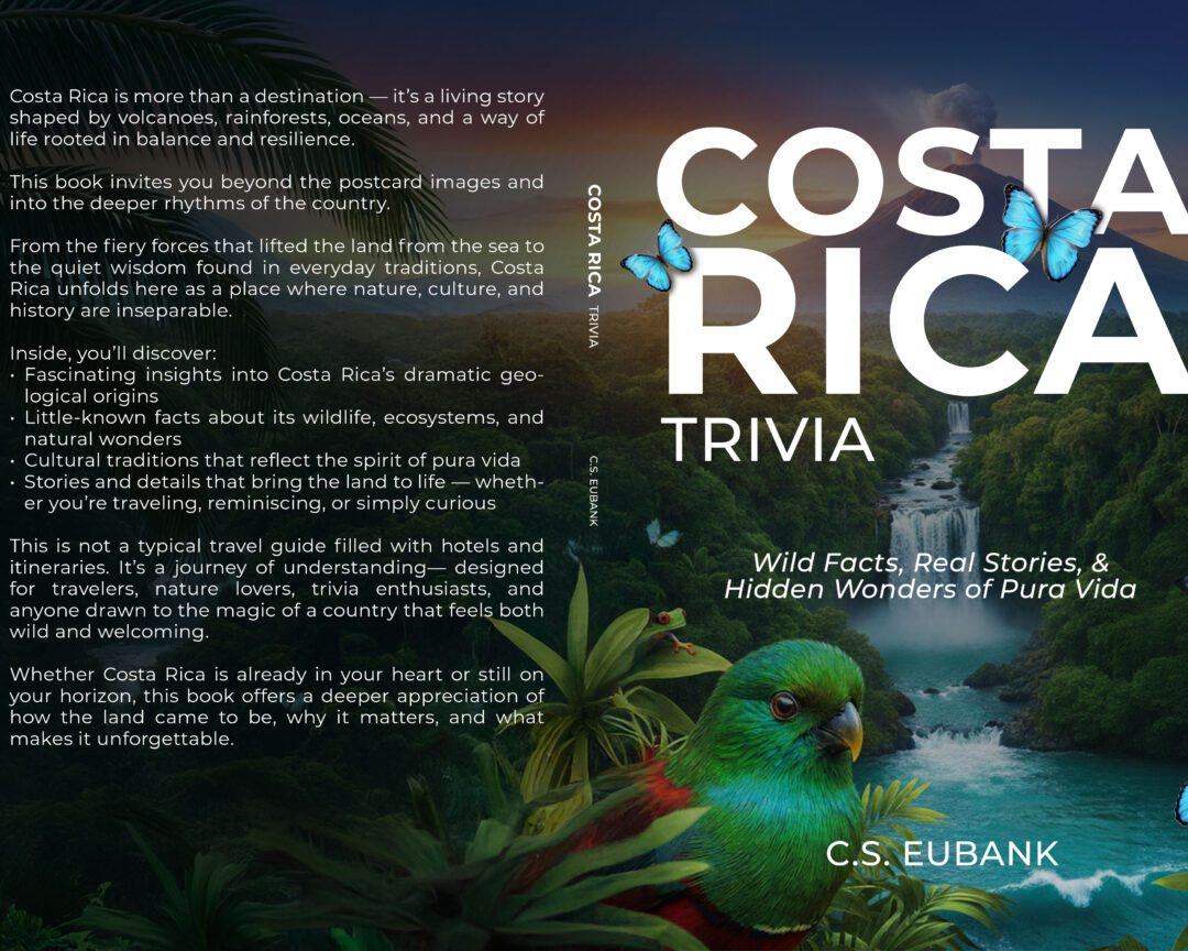Colorful Costa Rica trivia poster with vibrant bird and lush greenery.