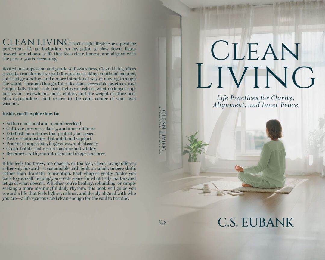 Book cover showing a woman meditating by a window with the title Clean Living.