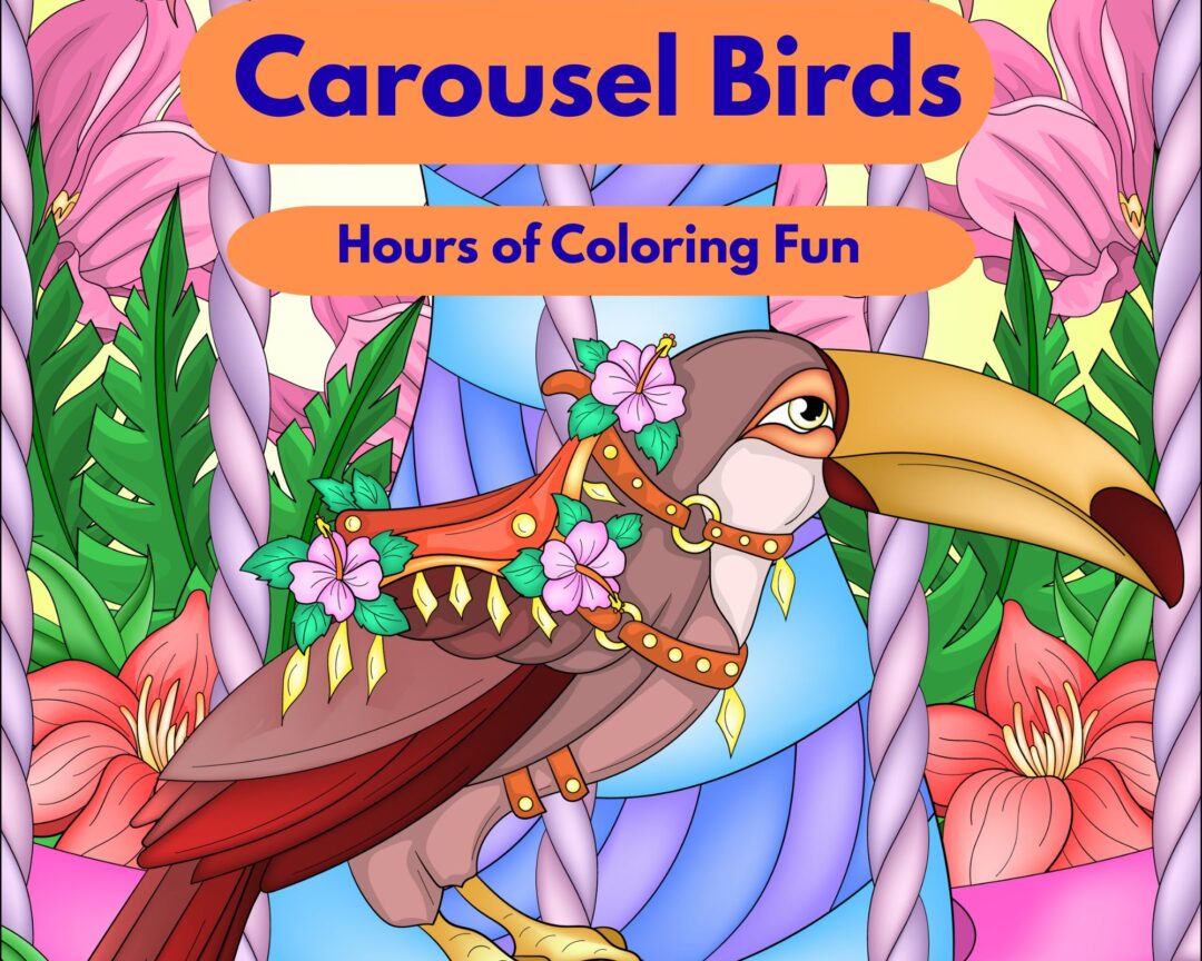 A colorful toucan on a carousel for a fun coloring book cover.