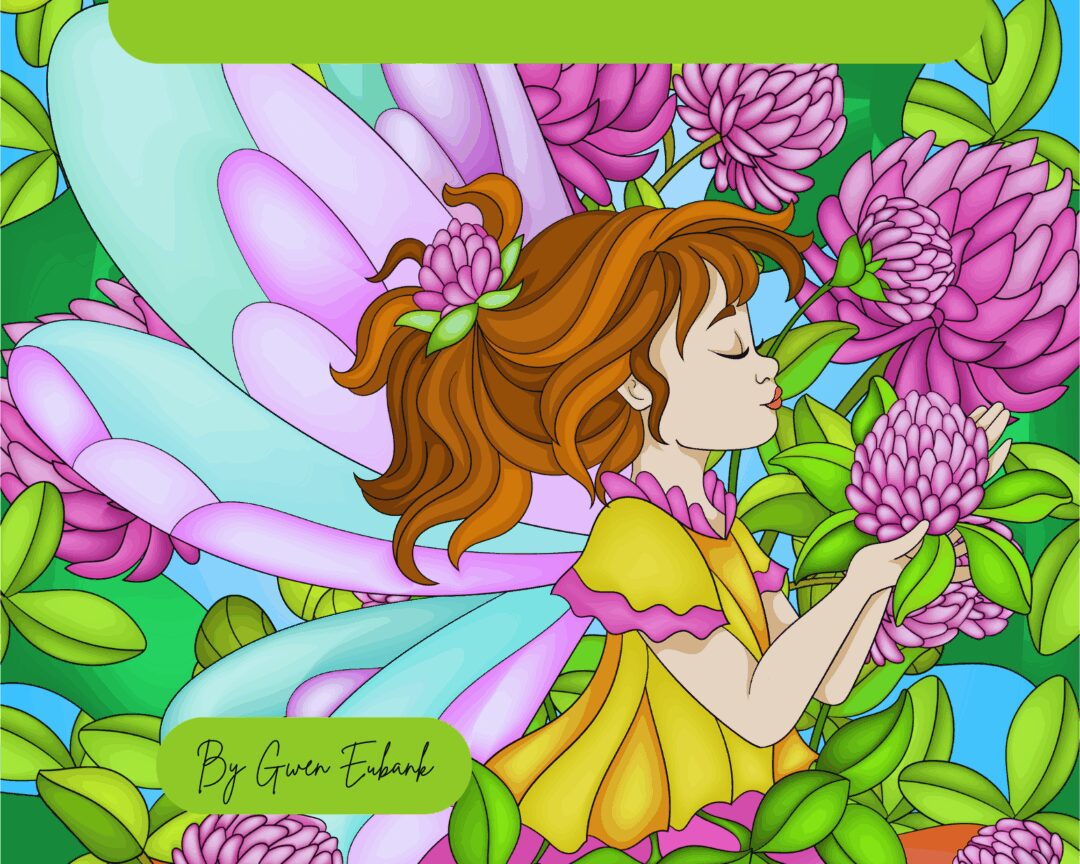 Colorful fairy surrounded by herbs and flowers on a coloring book cover.