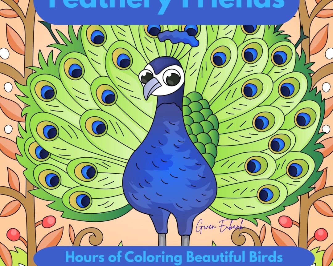 Colorful peacock illustration with vibrant feathers and title 'Feathery Friends'.