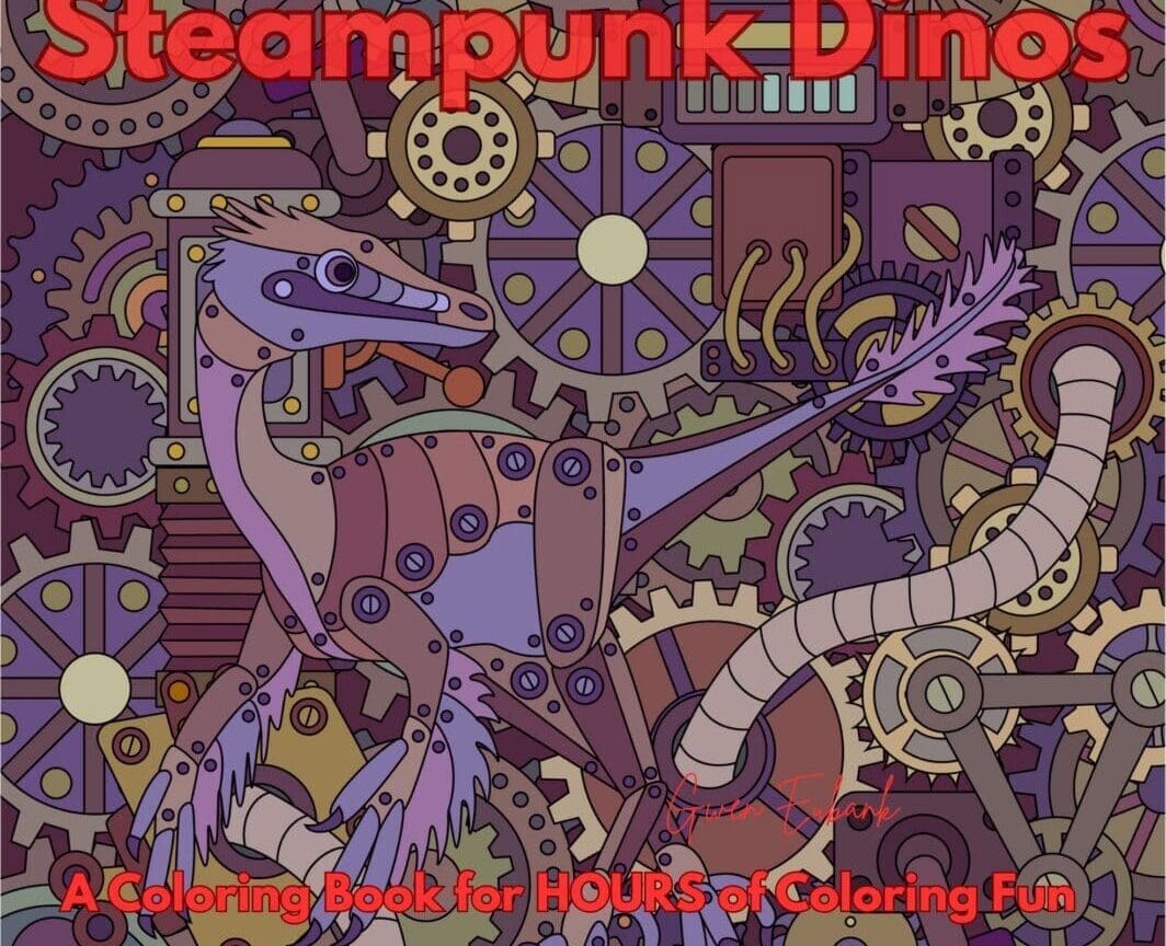 Steampunk-inspired dinosaur illustration with gears and mechanical elements.
