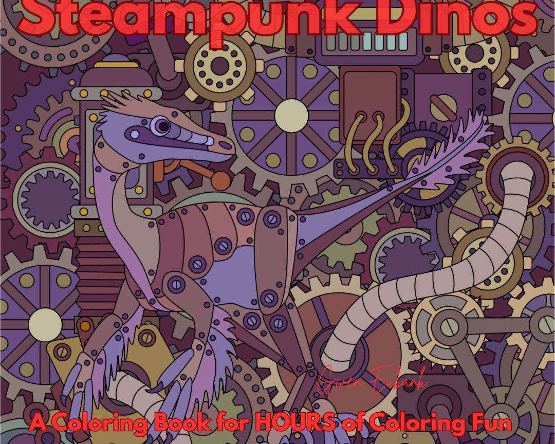 Steampunk-inspired dinosaur illustration with gears and mechanical elements.